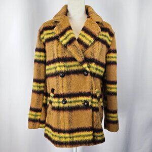 Vigoss Women's Tan Plaid Striped Double Breasted Brushed Pea Coat Size S NWT
